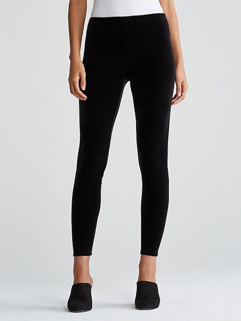 Eileen Fisher black stretch velvet elastic waist ankle leggings
